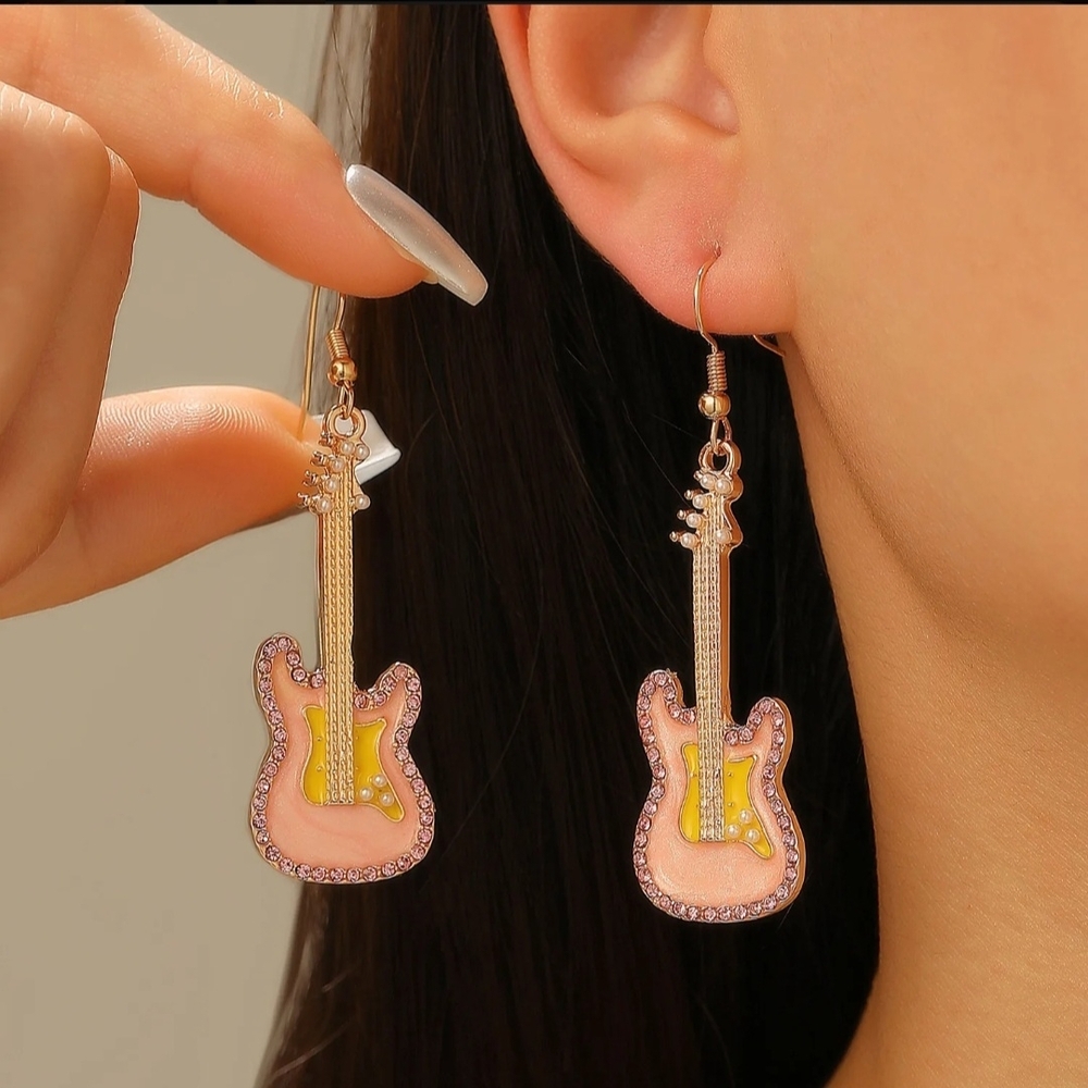 Guitar Earrings Pink Gold Rhinestones